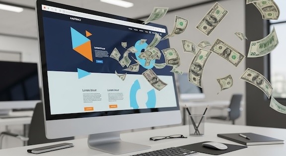 Money flying out of a computer screen, representing how a poorly designed website can cost your business money.