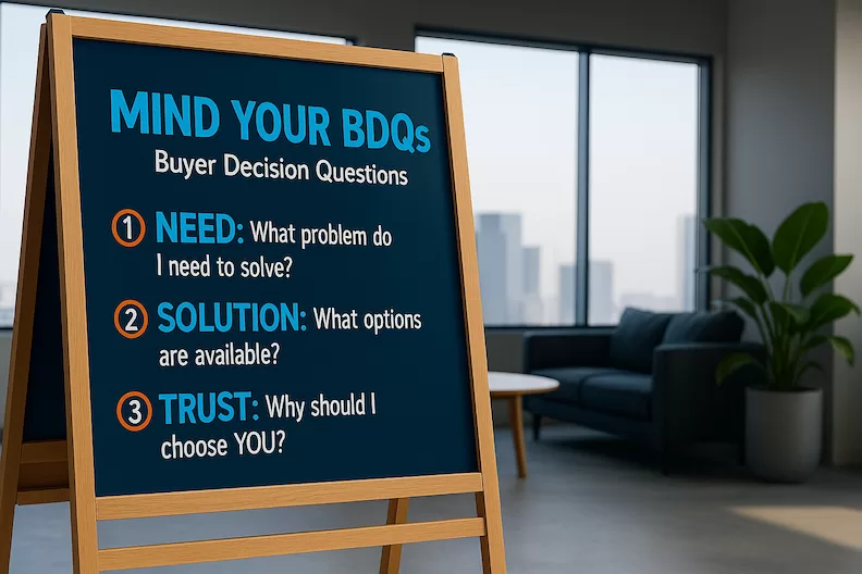 Image of a chalkboard explaining BDQs as Buyers Decision Questions