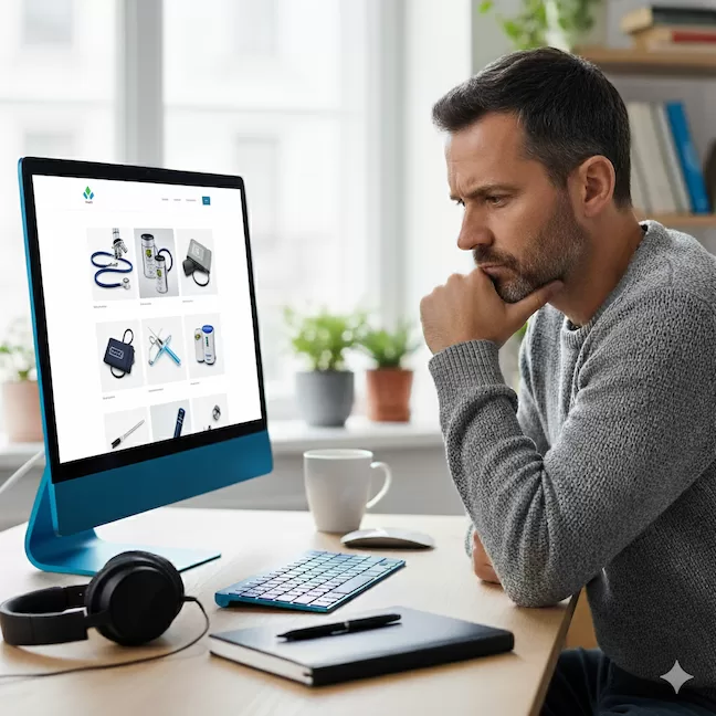 Image of a concerned business owner looking at his website