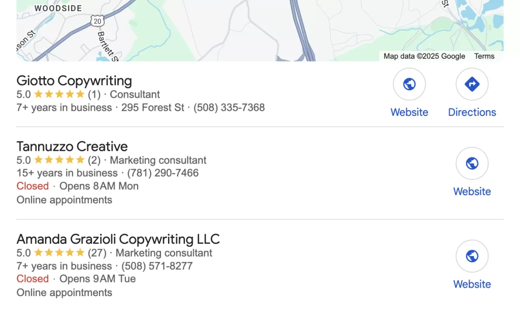 A Google 3-pack screenshot showing how Tannuzzo Creative shows up in results.