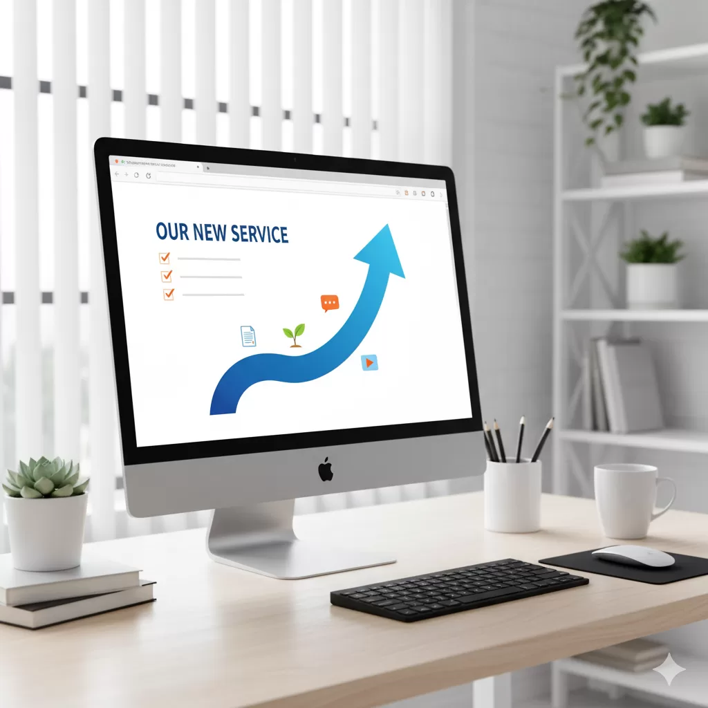 A computer monitor on a desk in an office showing a new service page.