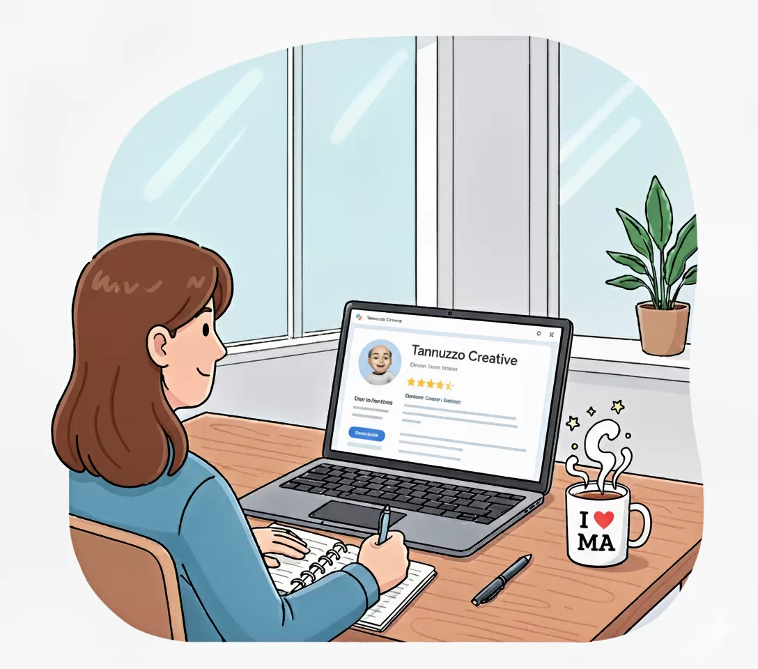 Image of a woman at her desk looking at a Google Business profile