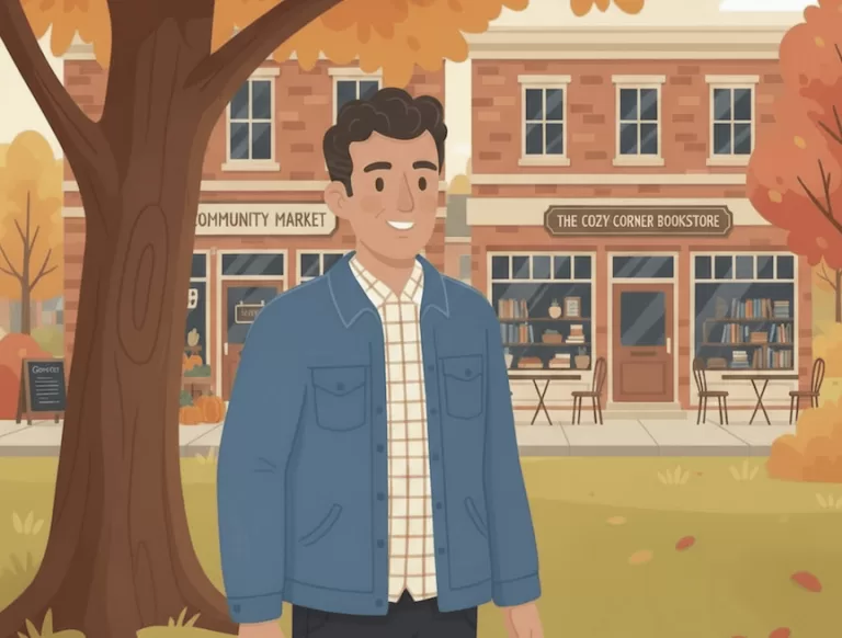 A man is standing in a downtown shopping area by a market and a bookstore.