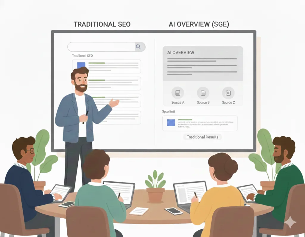 A business owner shows employees how AI is changing SEO results