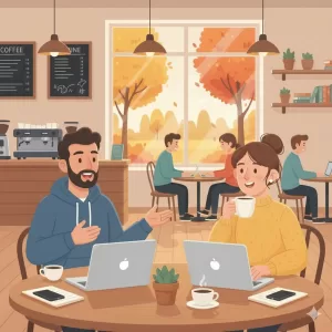 Customers in a coffee shop are discussing making changes to increase their changes of AEO success.