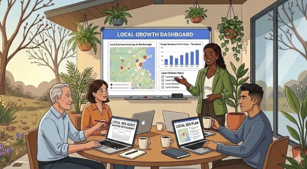 A Team Member discusses local search concepts with her team using Google Search Console.